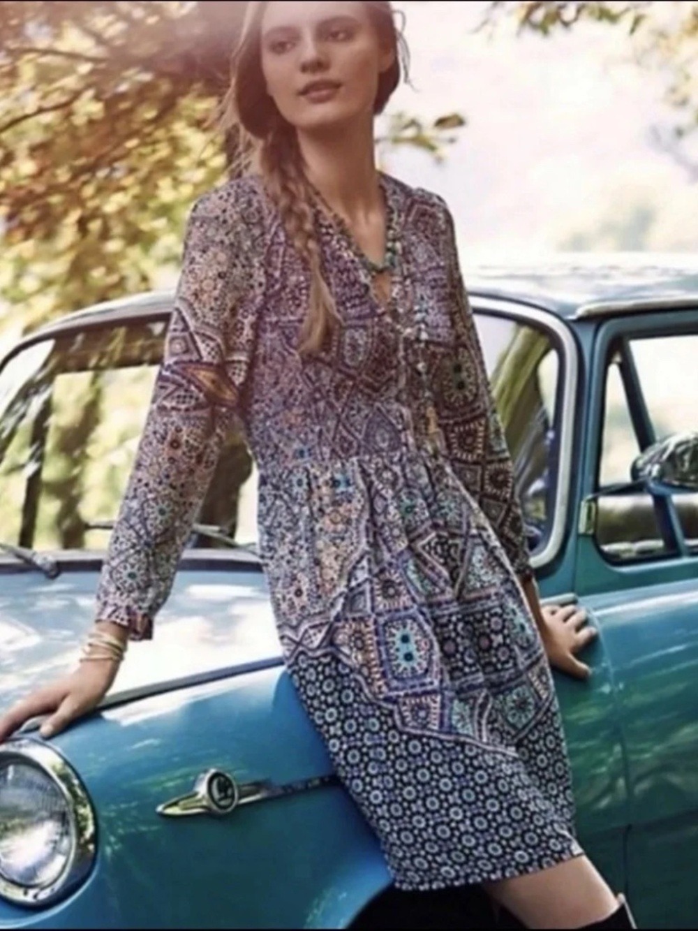 Anthropologie Maeve Tiled Amethyst Dress Long Sleeve Smocked Multi Size Large